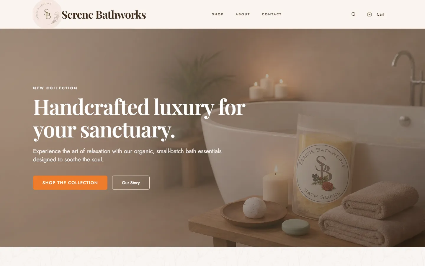 Serene Bathworks homepage hero — luxury bath products with handcrafted soaps, candles, and freestanding bathtub in warm ambient lighting